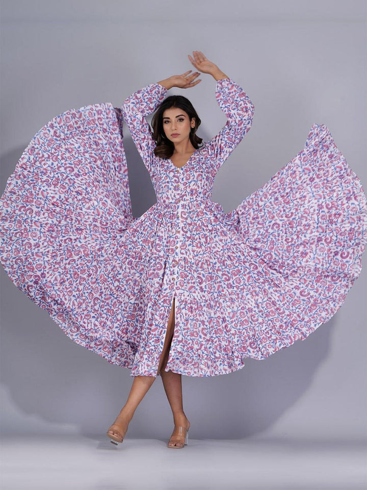 Mauve & White Tier Maxi Dress with Front Slit
