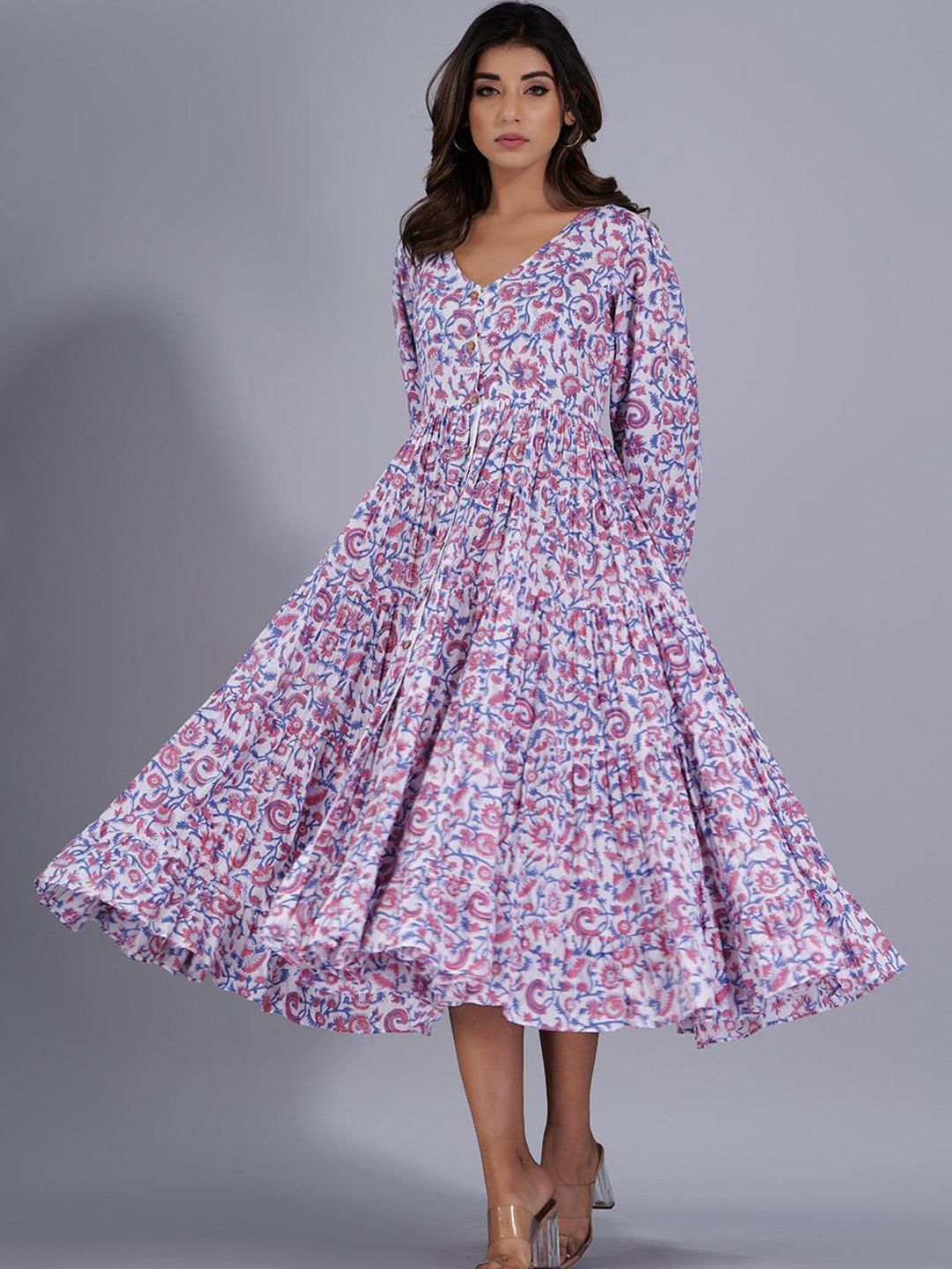 Mauve & White Tier Maxi Dress with Front Slit