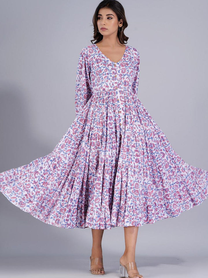 Mauve & White Tier Maxi Dress with Front Slit