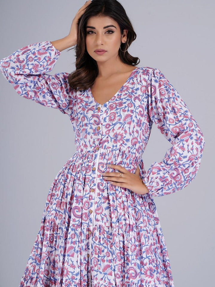 Mauve & White Tier Maxi Dress with Front Slit