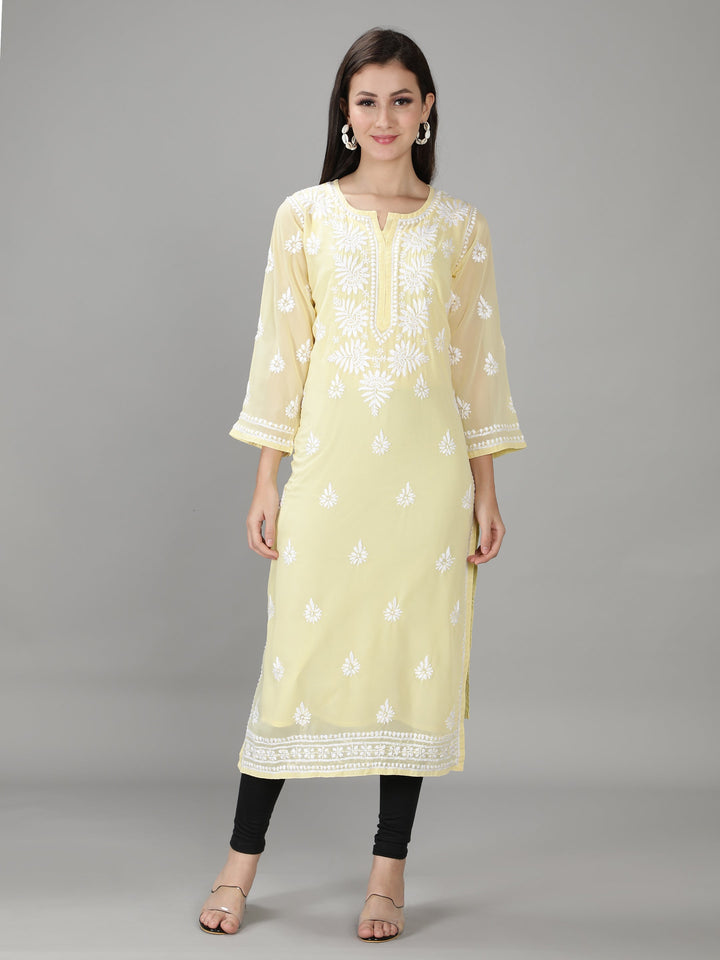 Mild Yellow Georgette Chikan Kurta with Slip