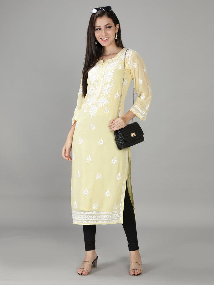 Mild Yellow Georgette Chikan Kurta with Slip