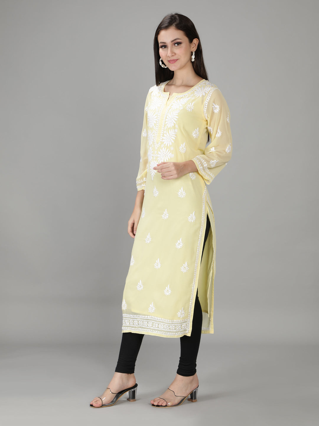 Mild Yellow Georgette Chikan Kurta with Slip