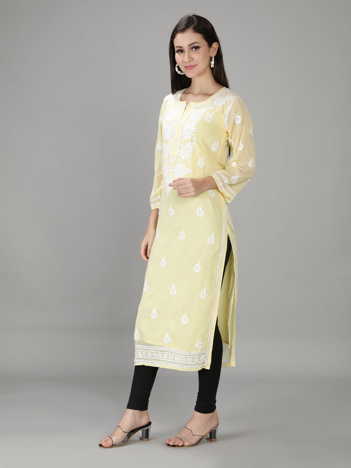 Mild Yellow Georgette Chikan Kurta with Slip