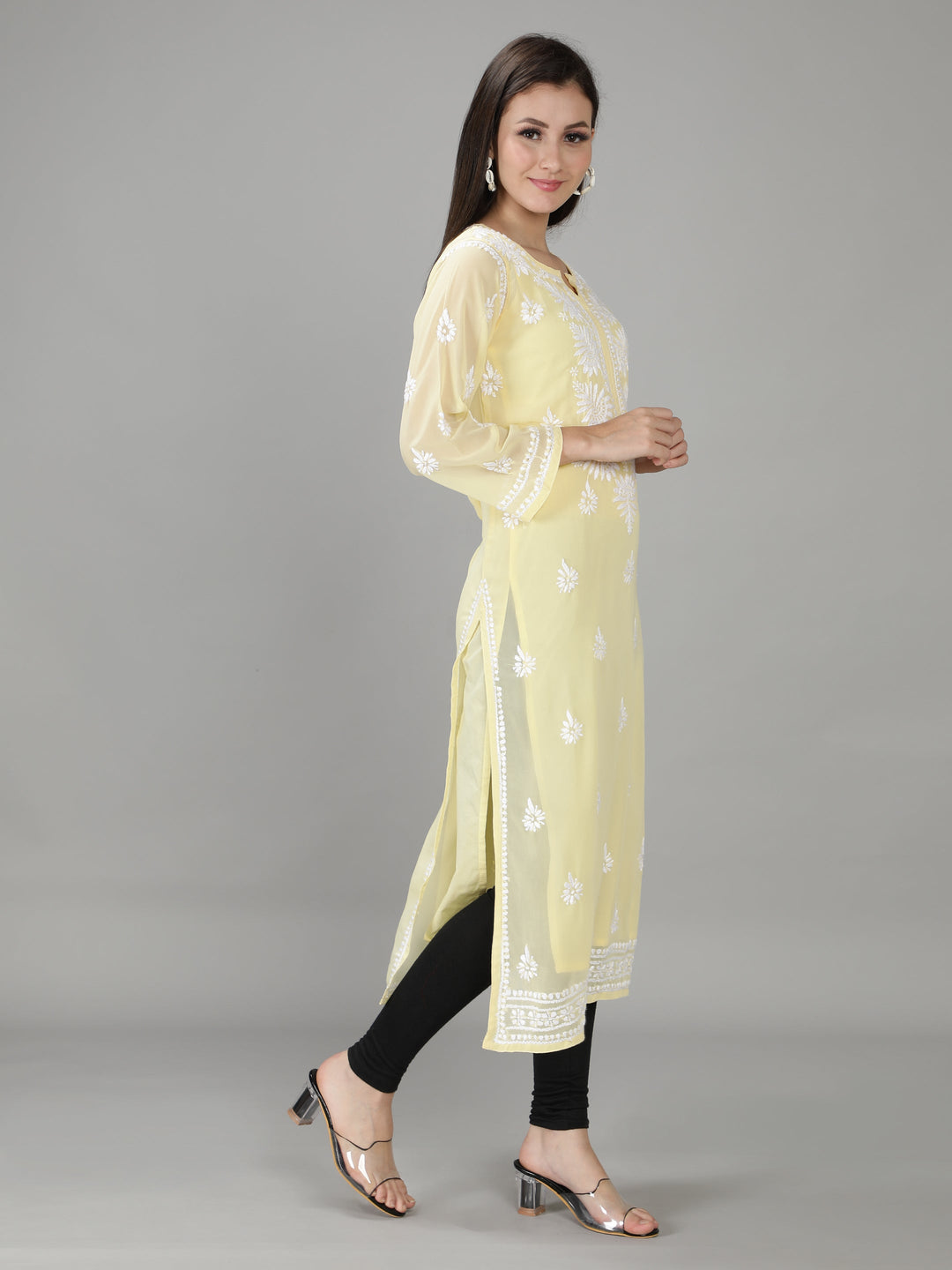 Mild Yellow Georgette Chikan Kurta with Slip