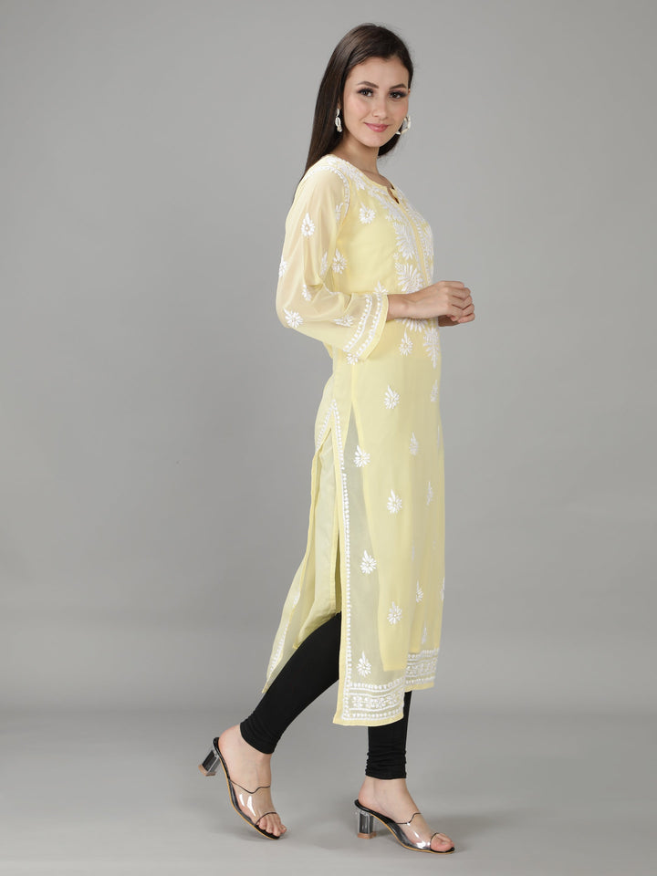 Mild Yellow Georgette Chikan Kurta with Slip