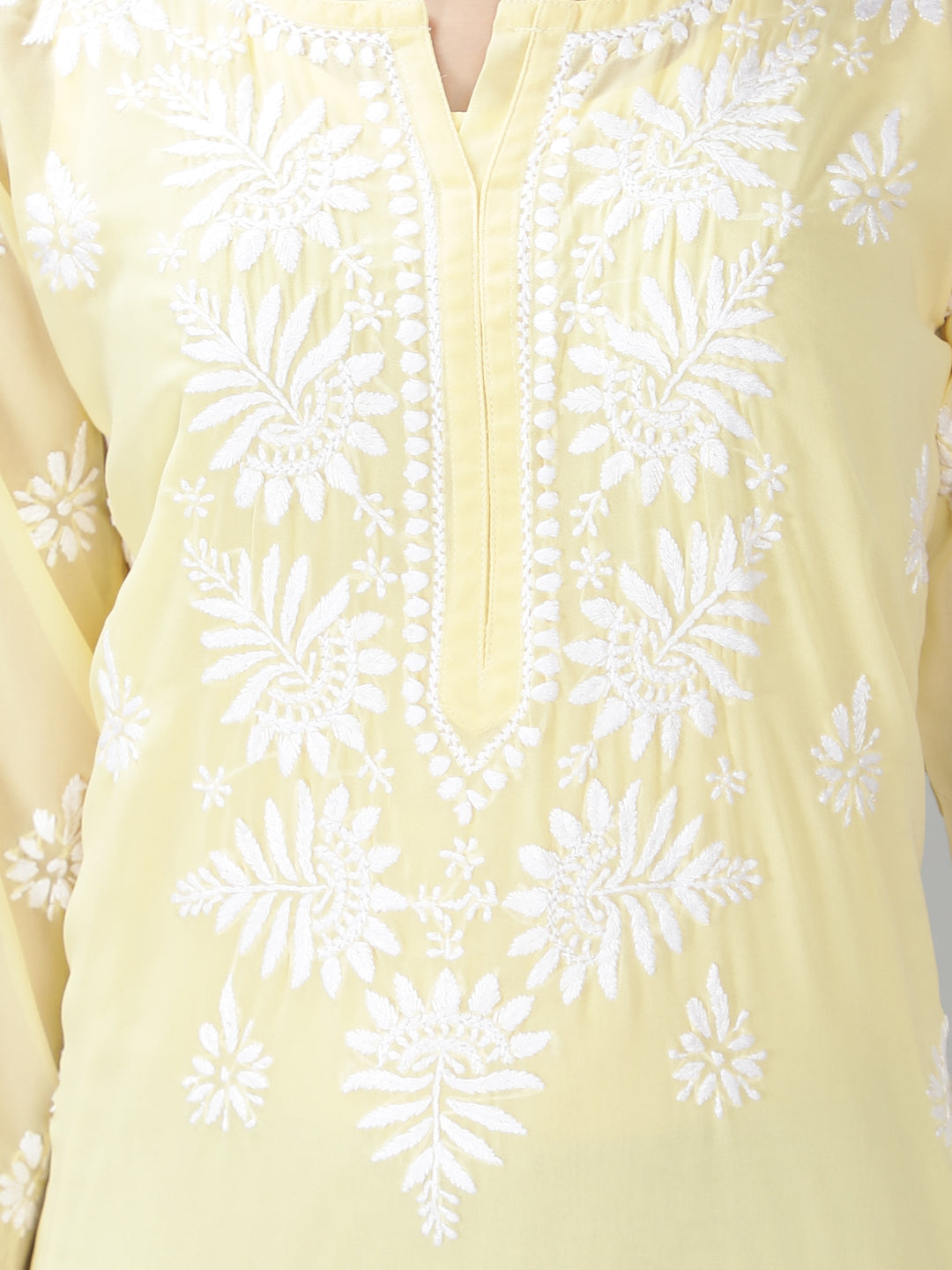 Mild Yellow Georgette Chikan Kurta with Slip
