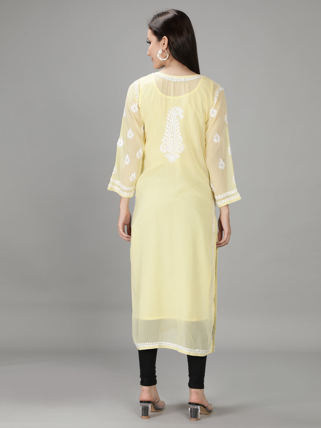 Mild Yellow Georgette Chikan Kurta with Slip