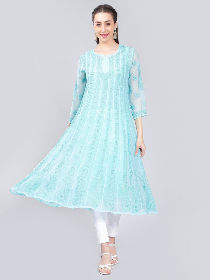 Mint-Blue-Georgette-Chikan-Anarkali-Kurta