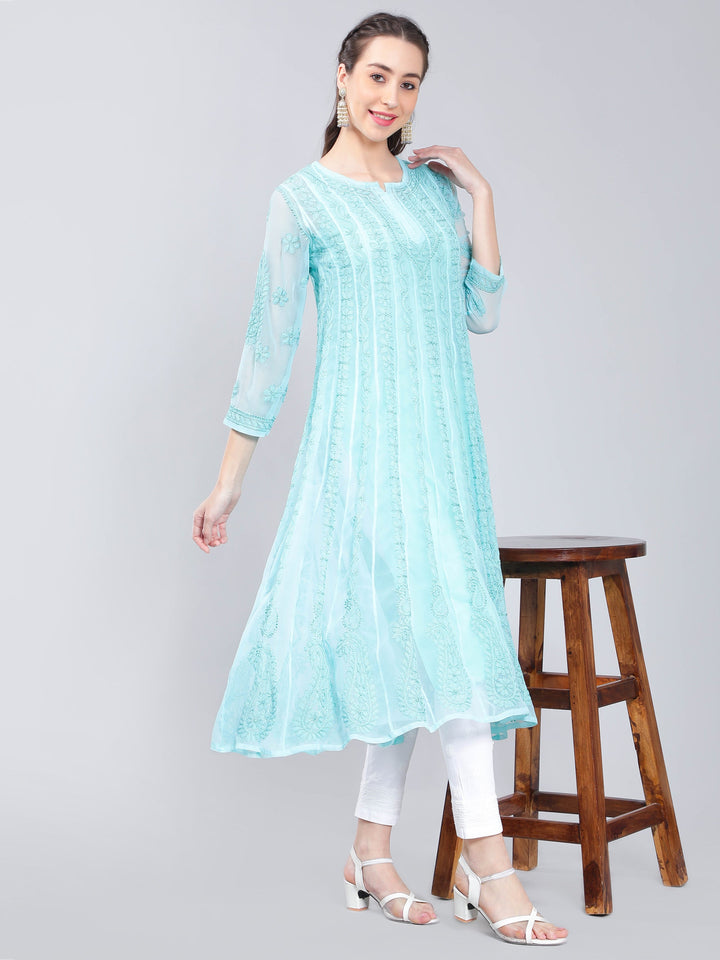 Mint-Blue-Georgette-Chikan-Anarkali-Kurta
