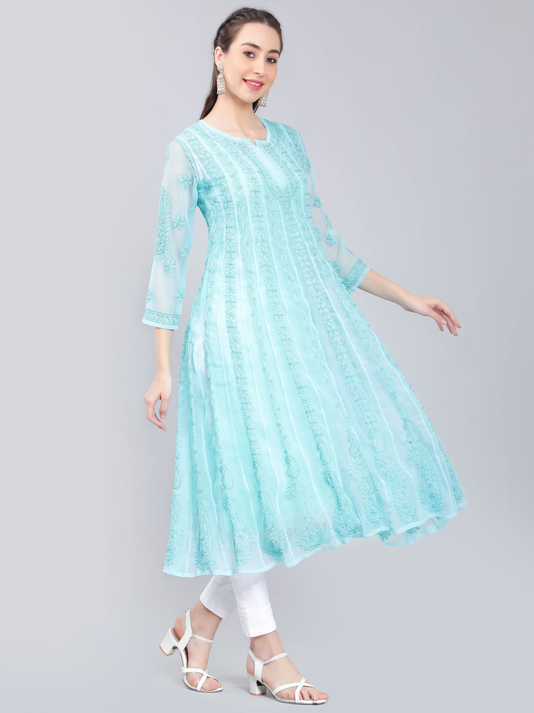 Mint-Blue-Georgette-Chikan-Anarkali-Kurta