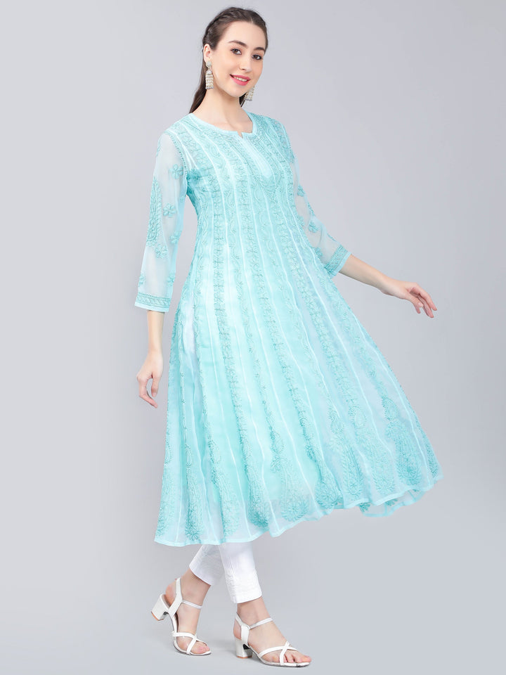 Mint-Blue-Georgette-Chikan-Anarkali-Kurta