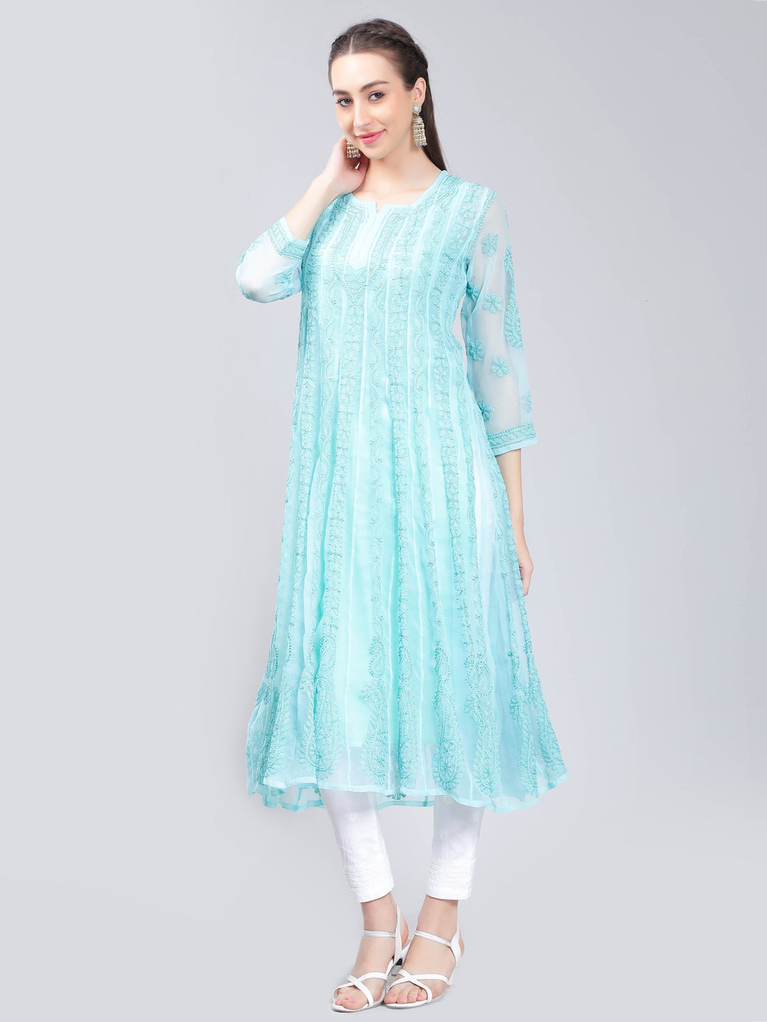 Mint-Blue-Georgette-Chikan-Anarkali-Kurta