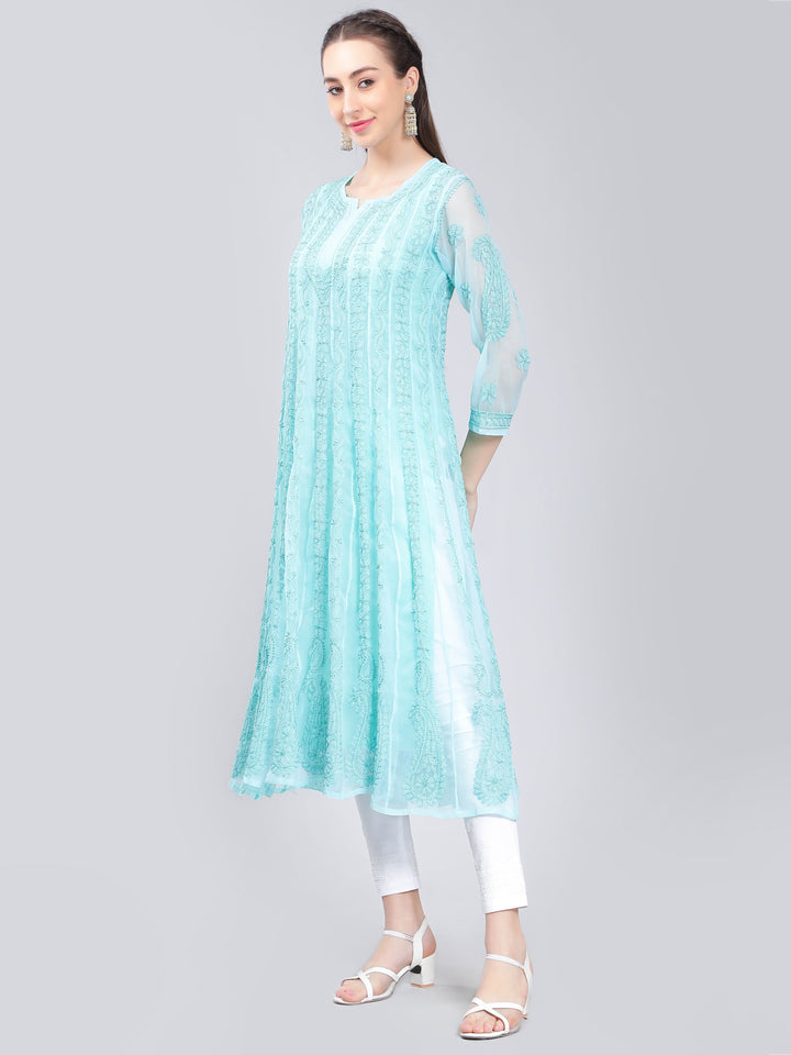 Mint-Blue-Georgette-Chikan-Anarkali-Kurta