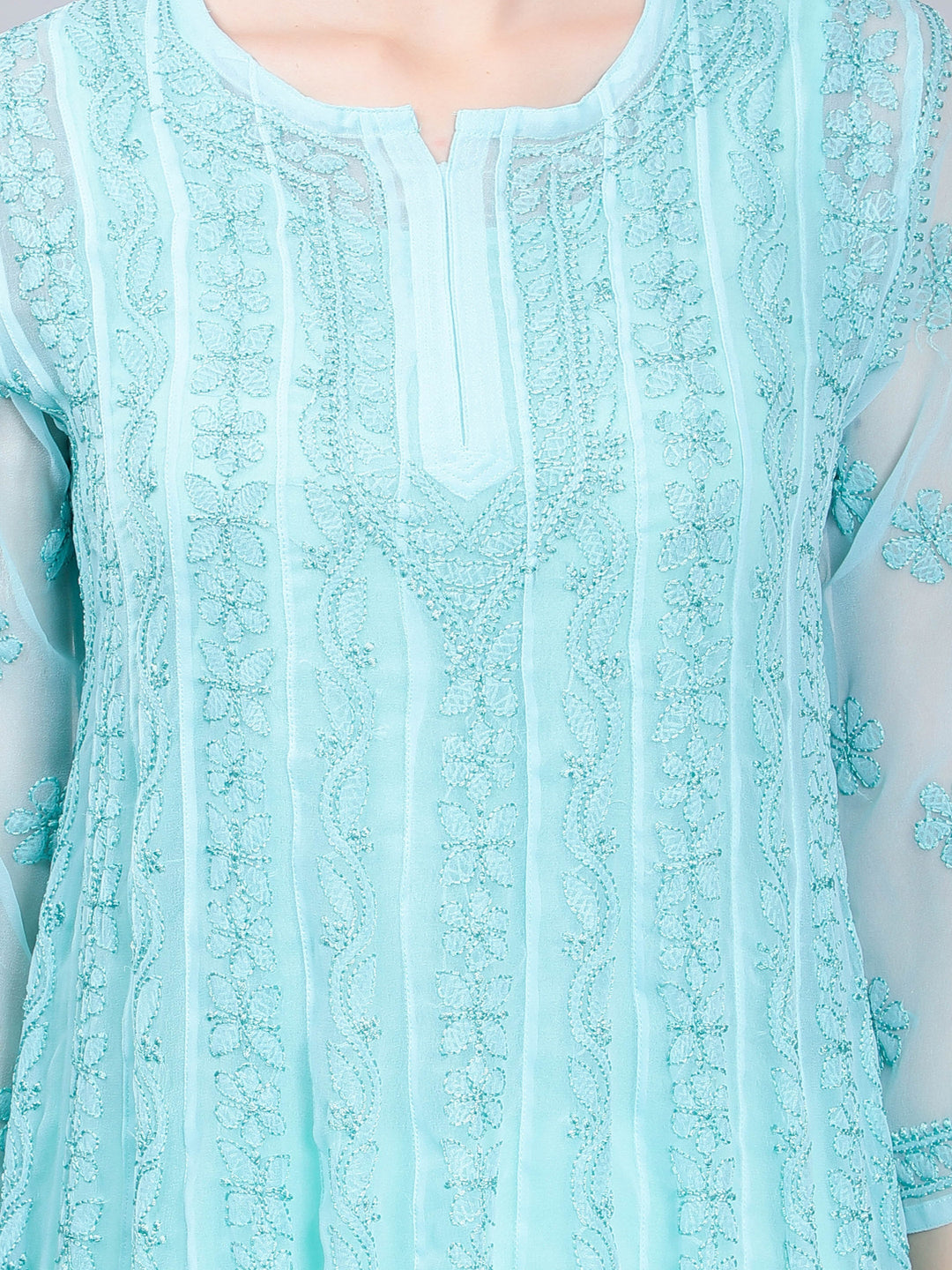Mint-Blue-Georgette-Chikan-Anarkali-Kurta