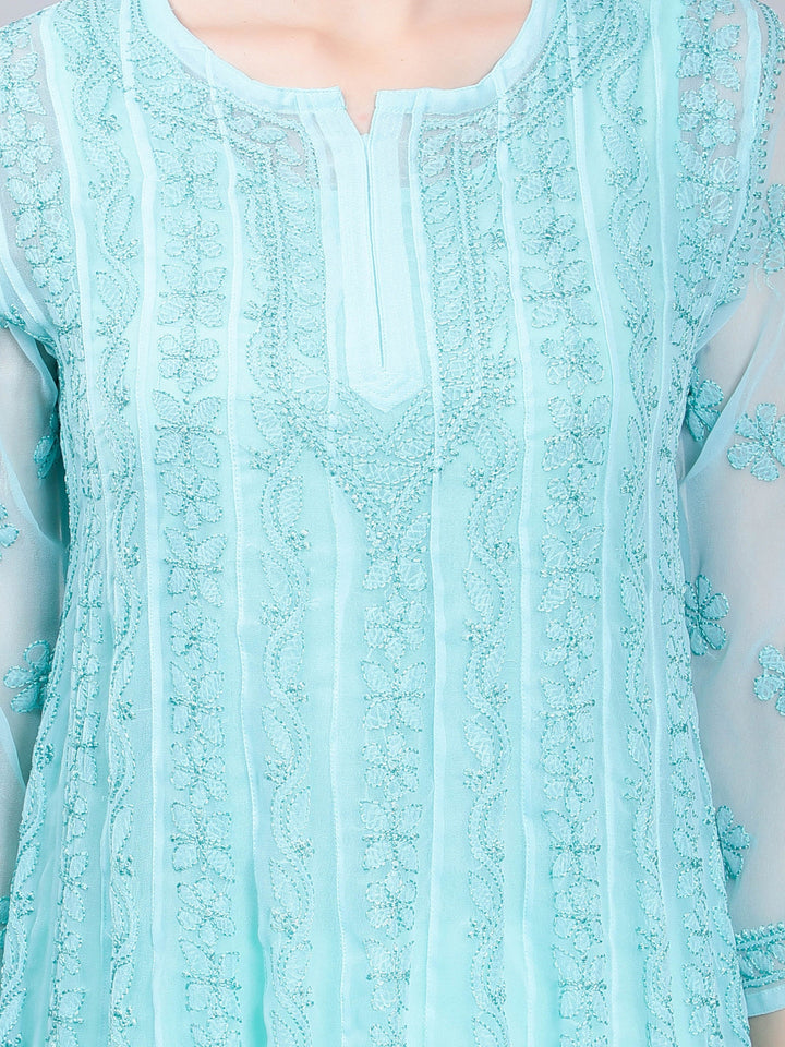 Mint-Blue-Georgette-Chikan-Anarkali-Kurta