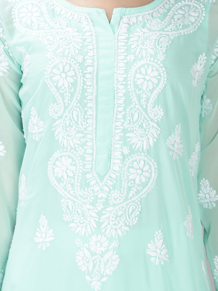 Mint Green Georgette Chikan Kurta with Slip