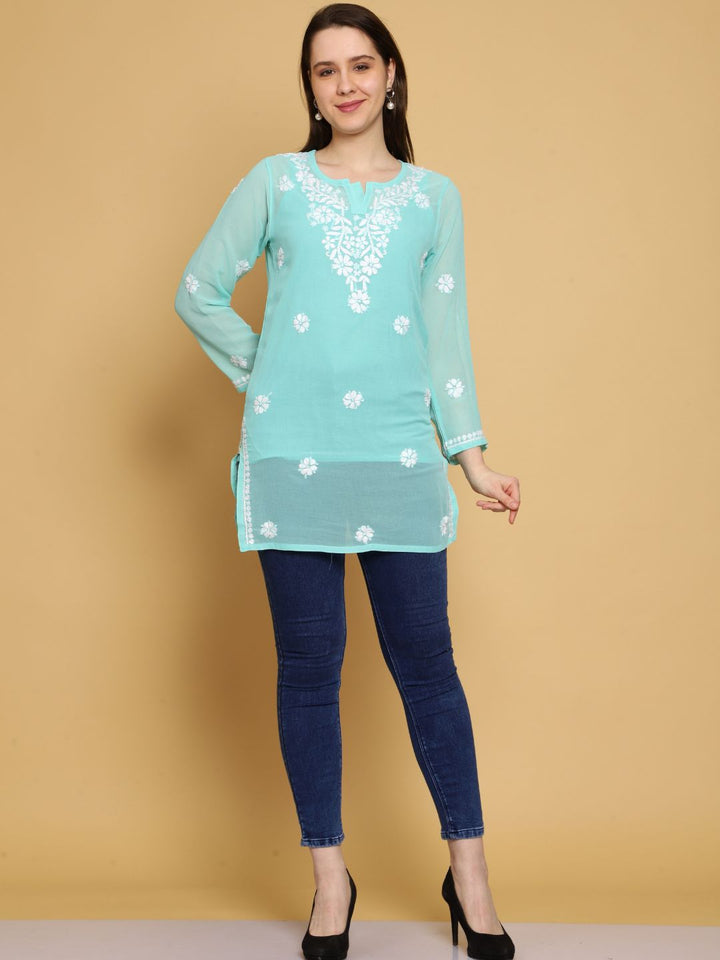 Mint-Green-Poly-Georgette-Tunic-Kurti-&-Slip