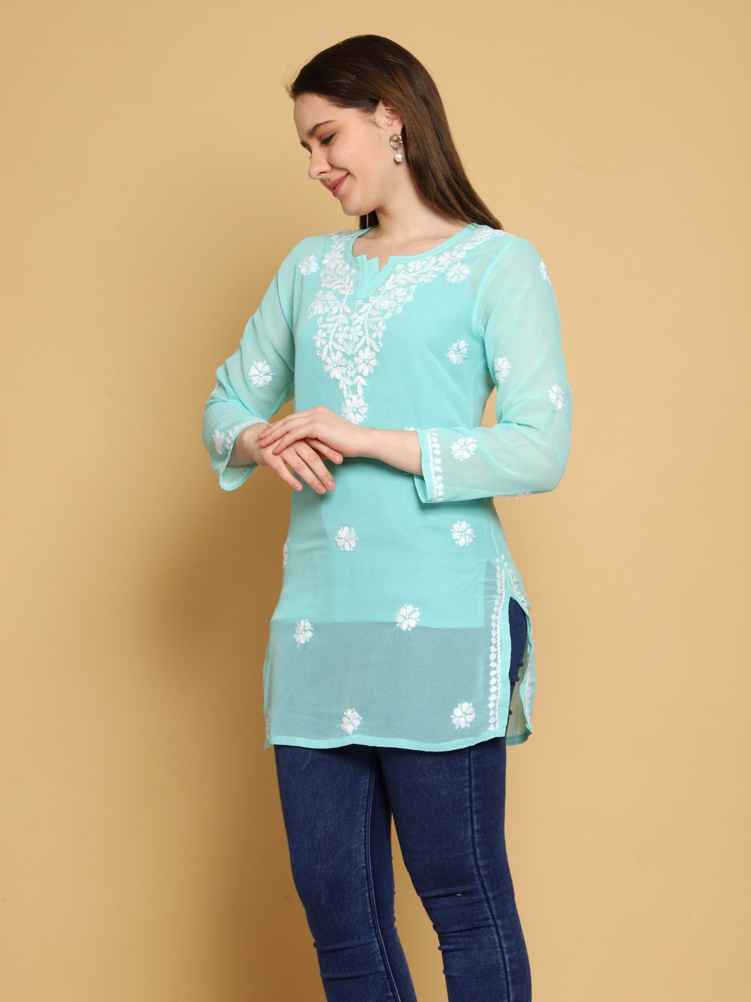 Mint-Green-Poly-Georgette-Tunic-Kurti-&-Slip