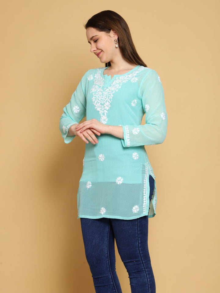 Mint-Green-Poly-Georgette-Tunic-Kurti-&-Slip