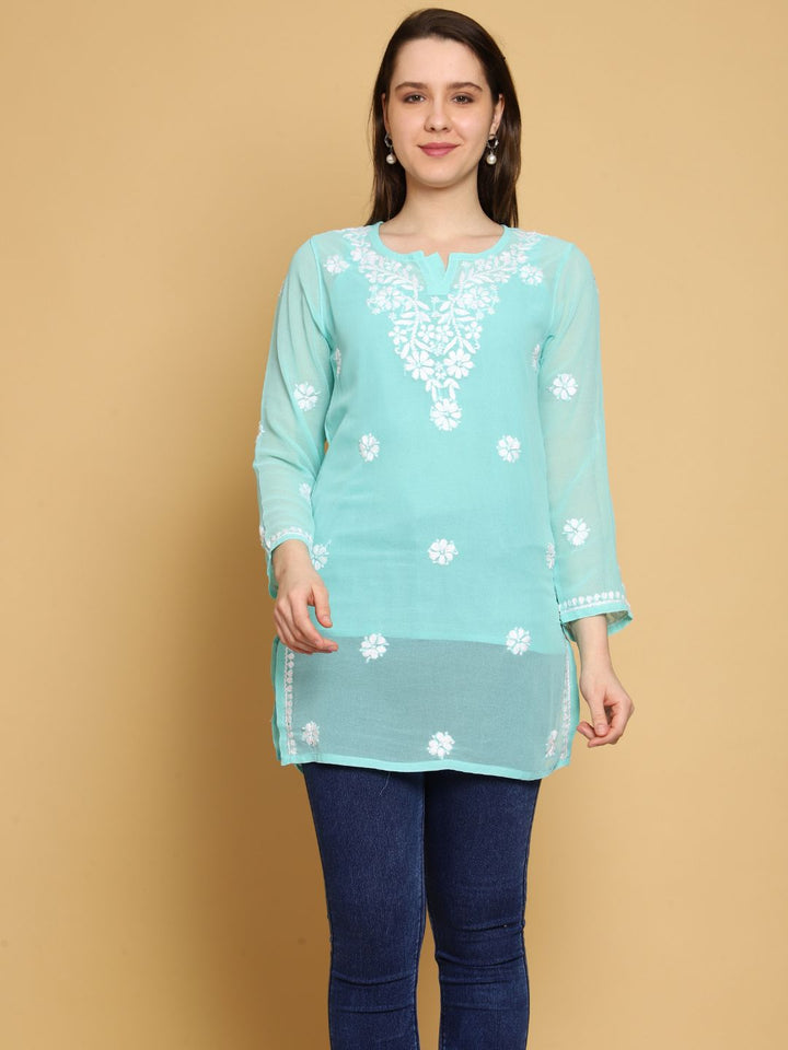 Mint-Green-Poly-Georgette-Tunic-Kurti-&-Slip