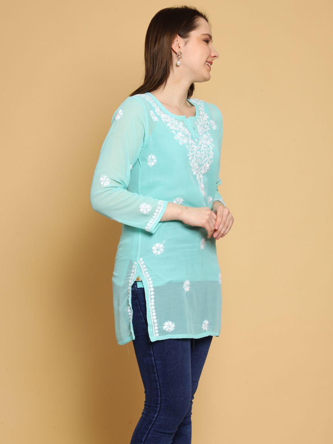 Mint-Green-Poly-Georgette-Tunic-Kurti-&-Slip