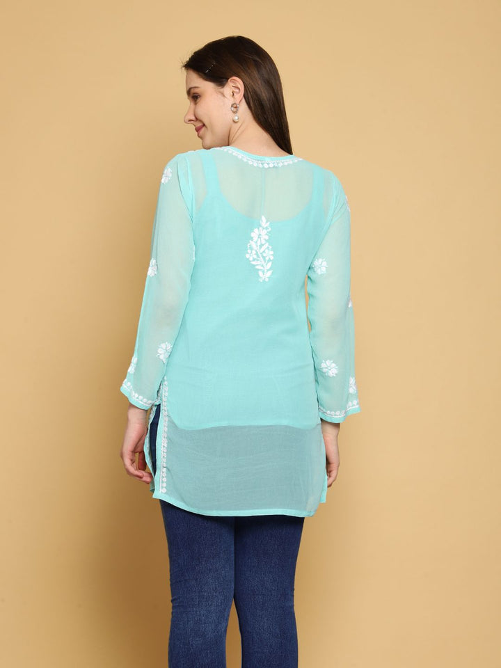 Mint-Green-Poly-Georgette-Tunic-Kurti-&-Slip