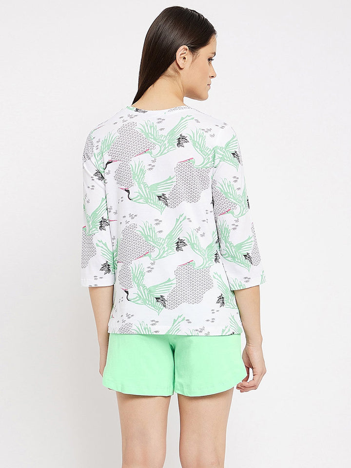Mint Green Print Top In White & Solid Shorts