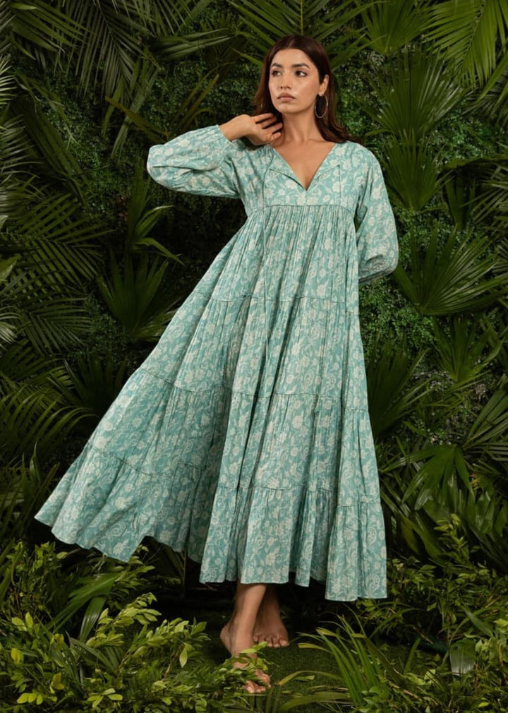 Minty Blue Printed Maxi Tiered Gathered Dress