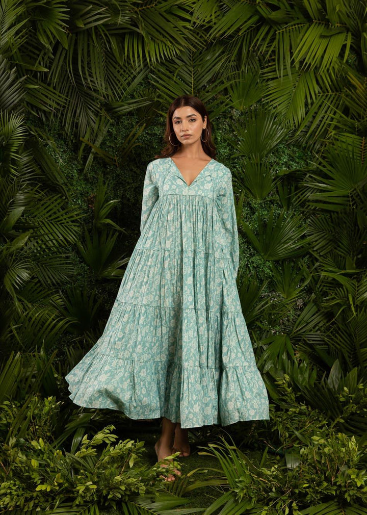Minty Blue Printed Maxi Tiered Gathered Dress