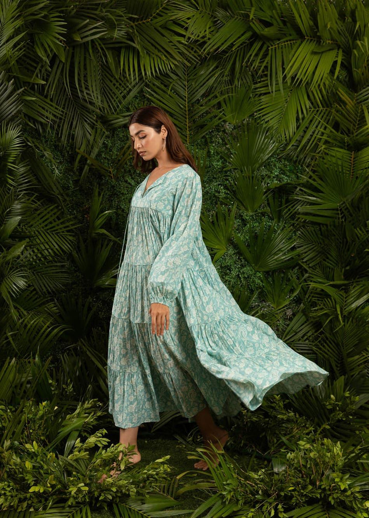 Minty Blue Printed Maxi Tiered Gathered Dress