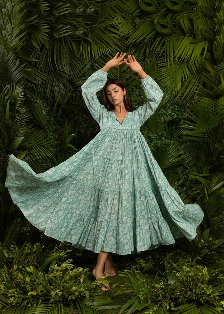Minty Blue Printed Maxi Tiered Gathered Dress