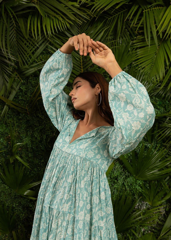 Minty Blue Printed Maxi Tiered Gathered Dress
