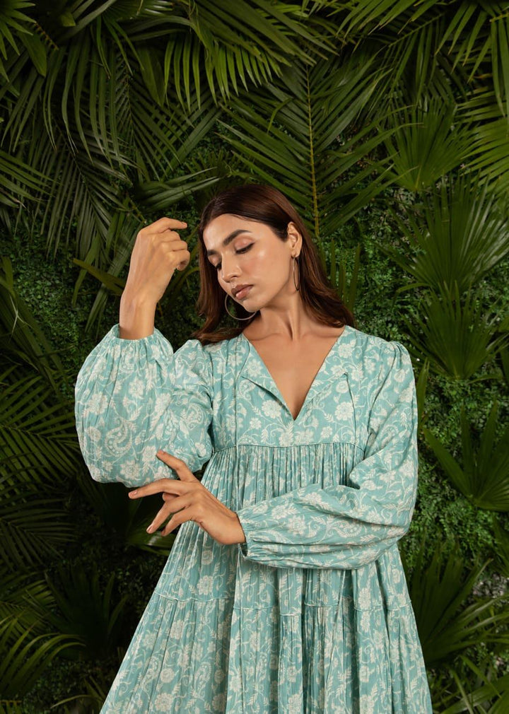 Minty Blue Printed Maxi Tiered Gathered Dress