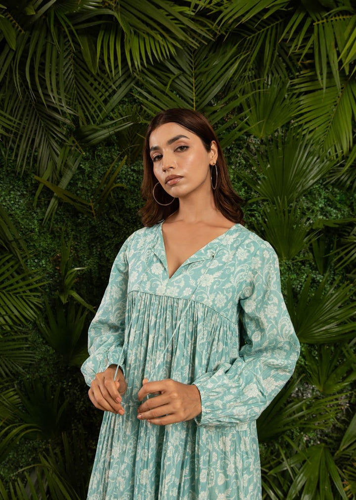 Minty Blue Printed Maxi Tiered Gathered Dress