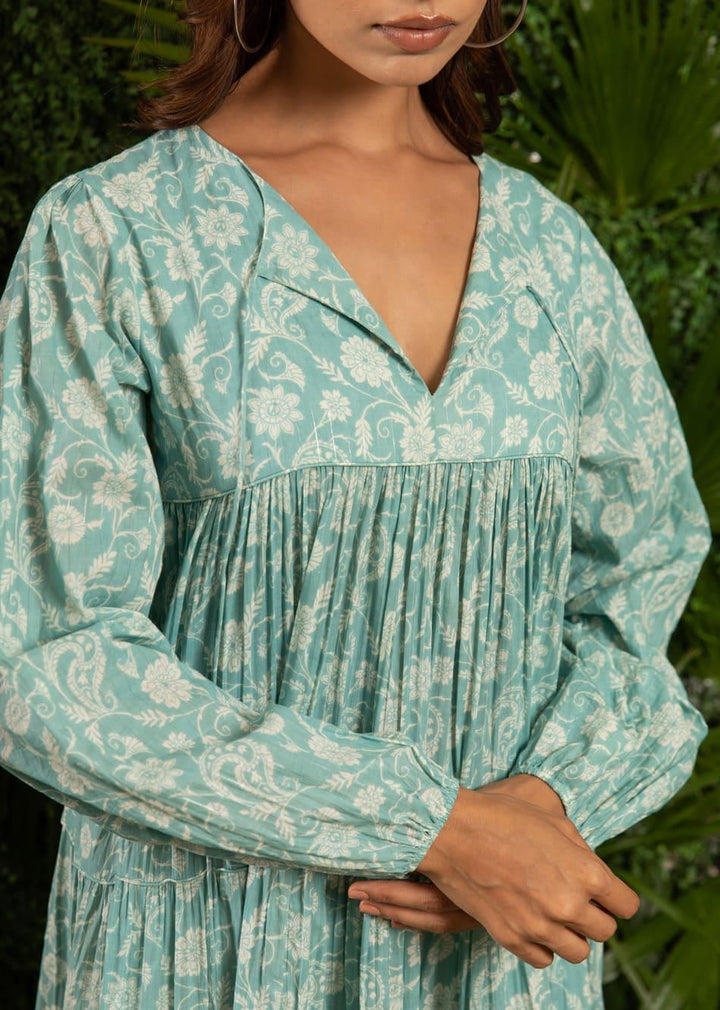 Minty Blue Printed Maxi Tiered Gathered Dress