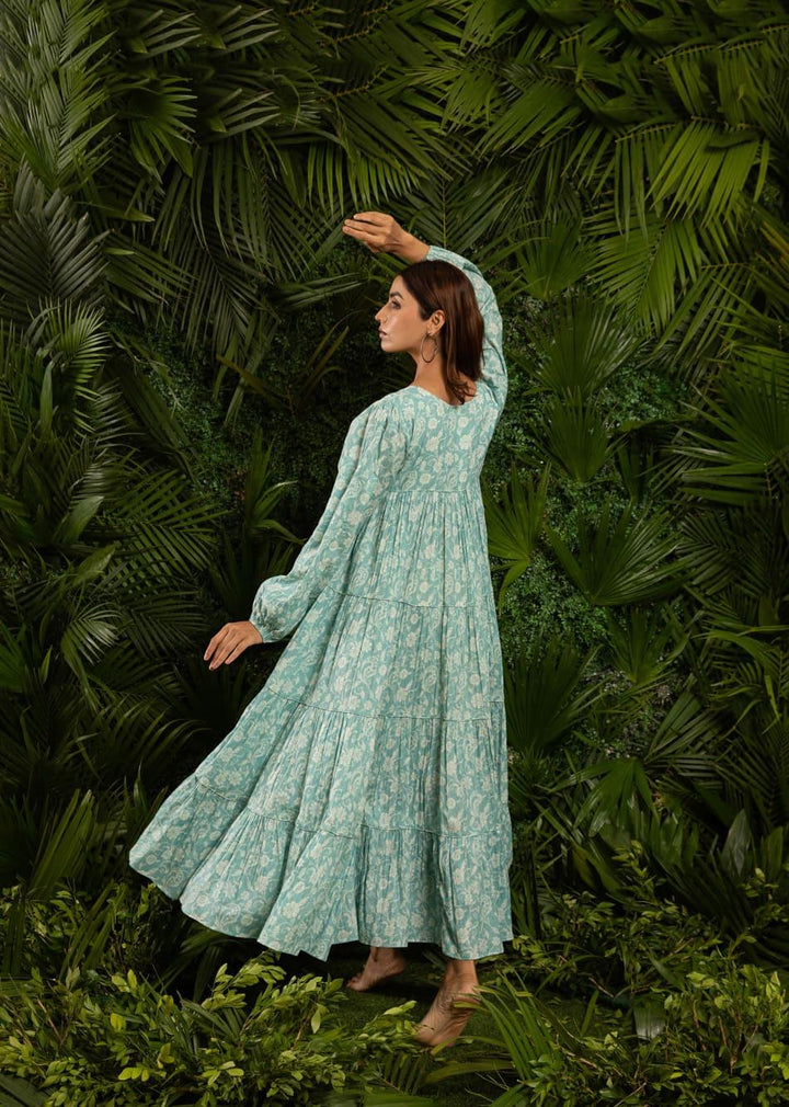 Minty Blue Printed Maxi Tiered Gathered Dress