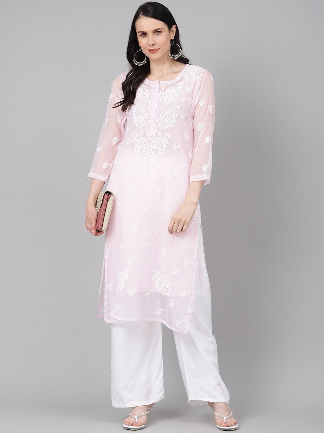 Misty Rose Faux Georgette Chikankari Kurta