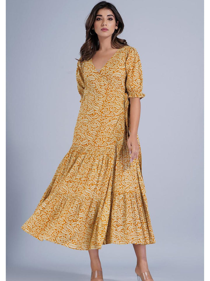 Mustard Angrakha Wrap Dress with Two Tiers