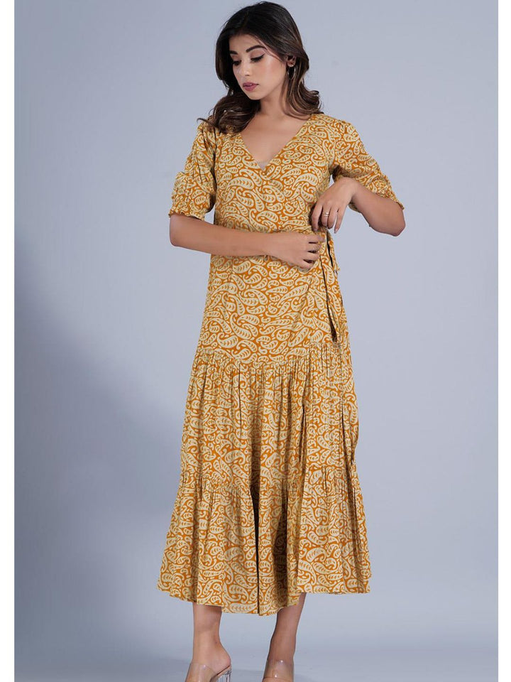 Mustard Angrakha Wrap Dress with Two Tiers
