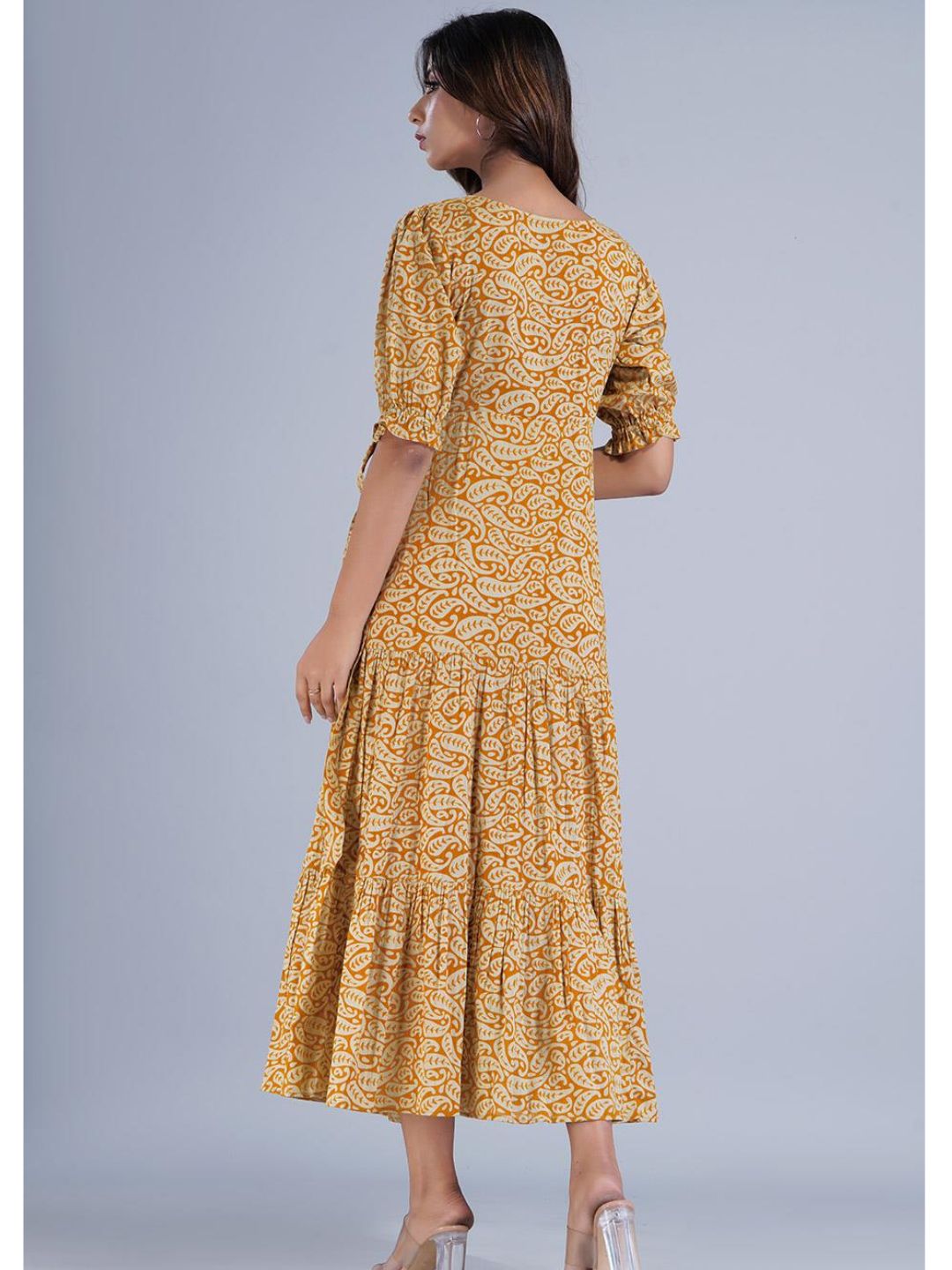 Mustard Angrakha Wrap Dress with Two Tiers