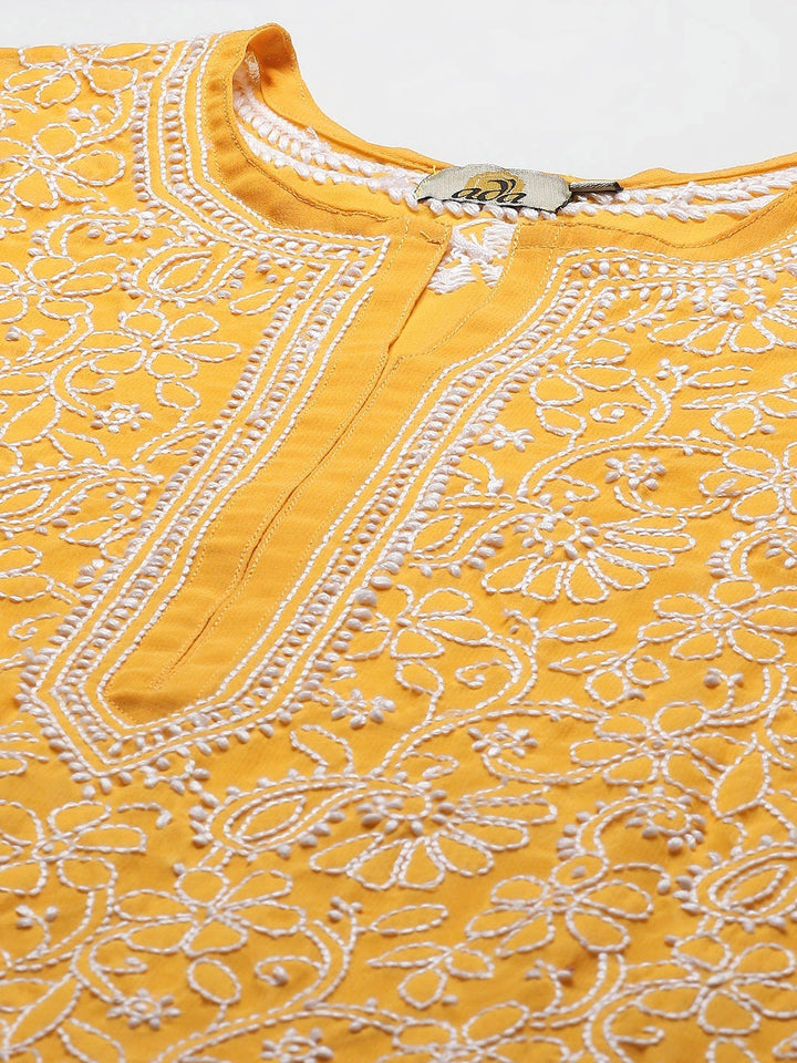 Mustard Chikan Kurta with White Palazzos