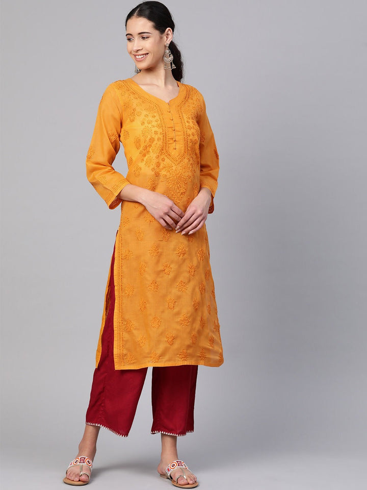 Mustard-Cotton-Lucknowi-Chikan-Kurta-Only