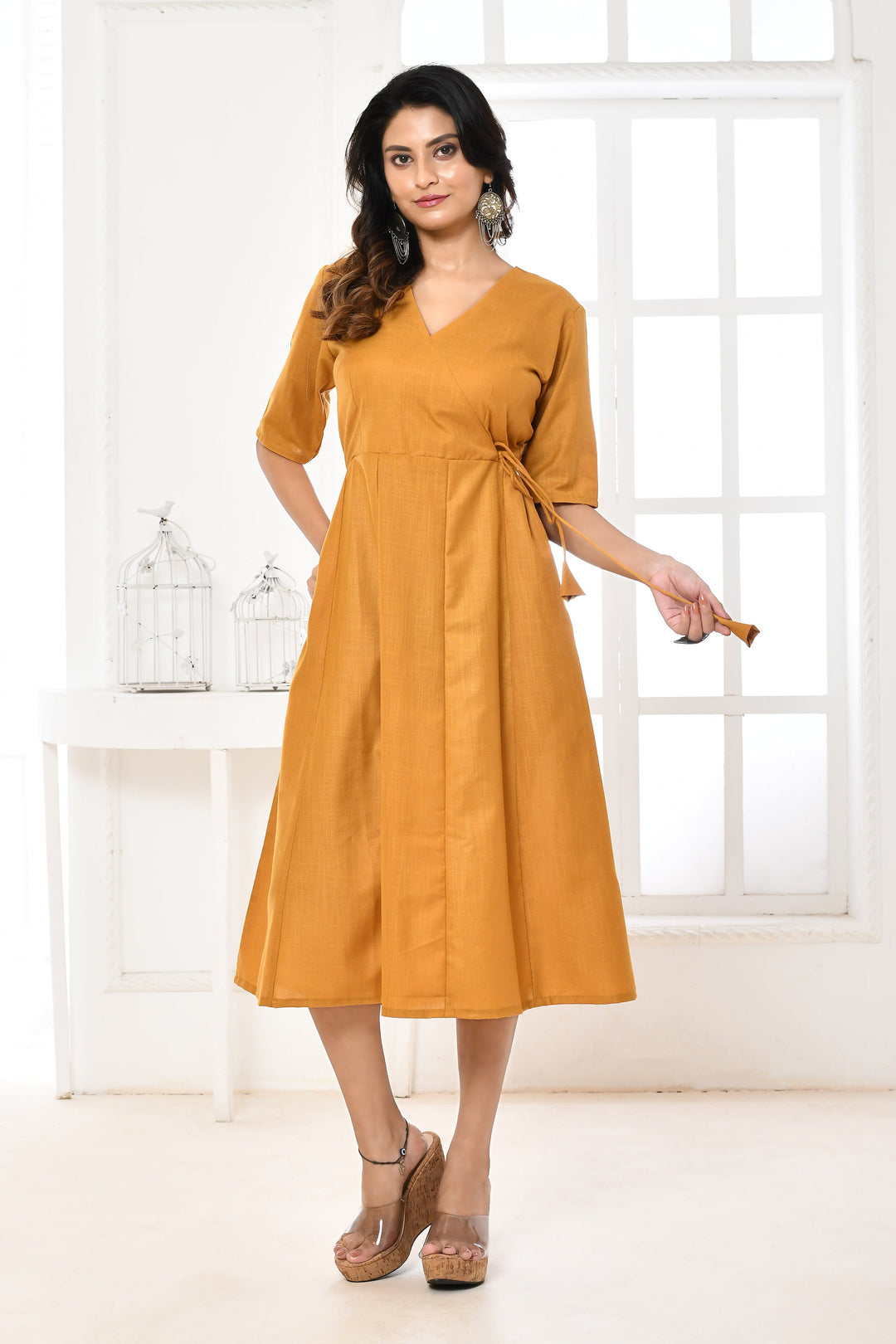 ZERESOUQ-Mustard-Cotton-Slub-Angrakha-Style-Midi-Dress