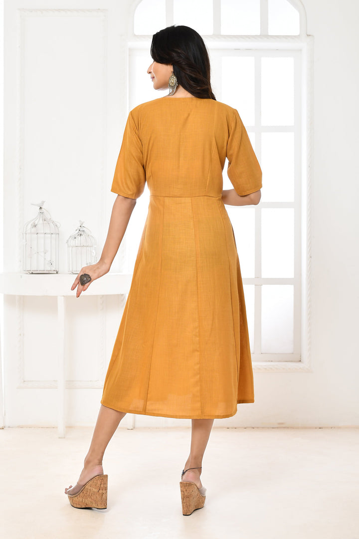 ZERESOUQ-Mustard-Cotton-Slub-Angrakha-Style-Midi-Dress