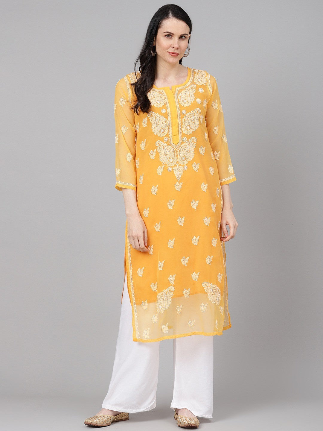 Mustard Faux Georgette Chikankari Straight Kurti
