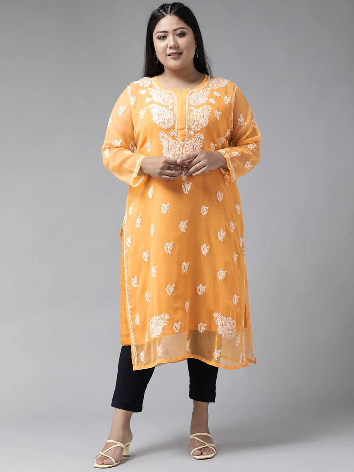 Mustard Faux Georgette Chikankari Straight Kurti