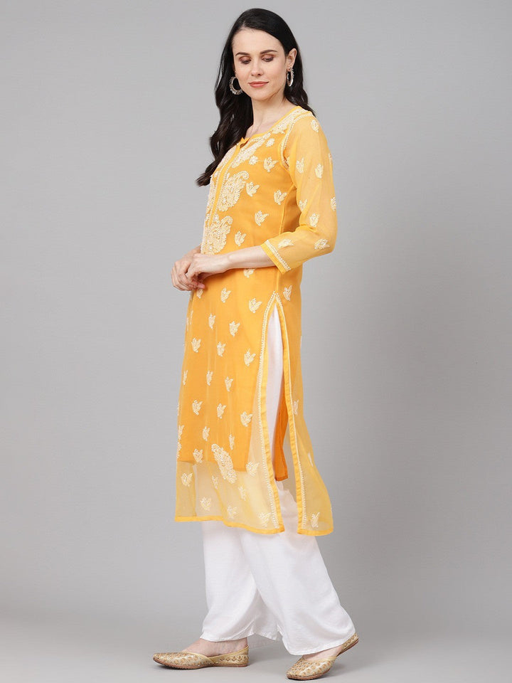 Mustard Faux Georgette Chikankari Straight Kurti
