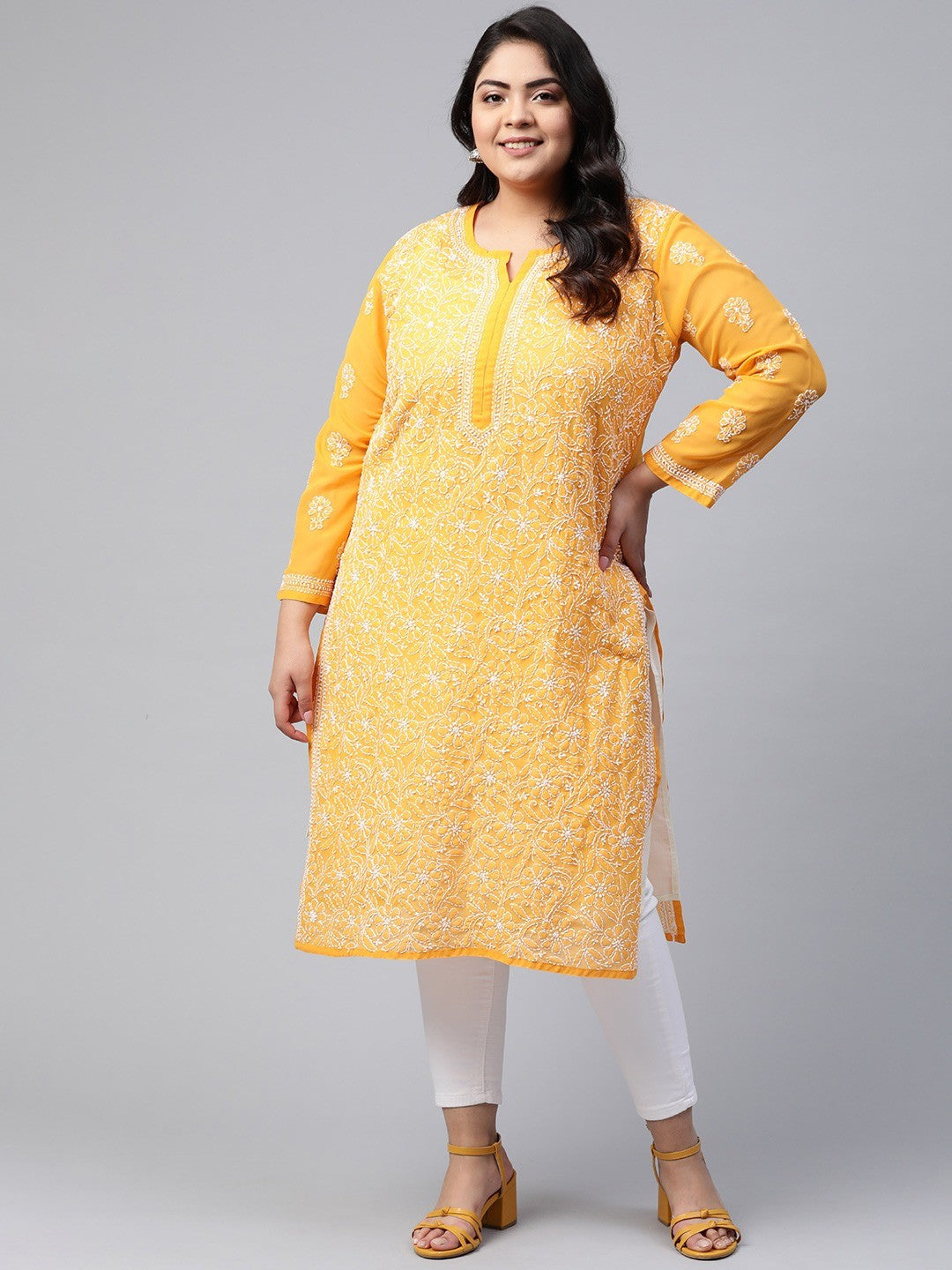 Mustard-Georgettelucknowi-Chikan-Kurta-Only