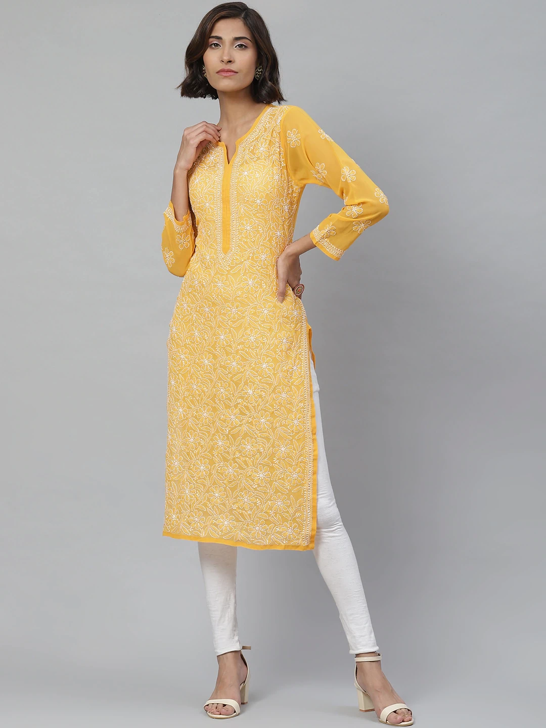 Mustard-Georgettelucknowi-Chikan-Kurta-Only